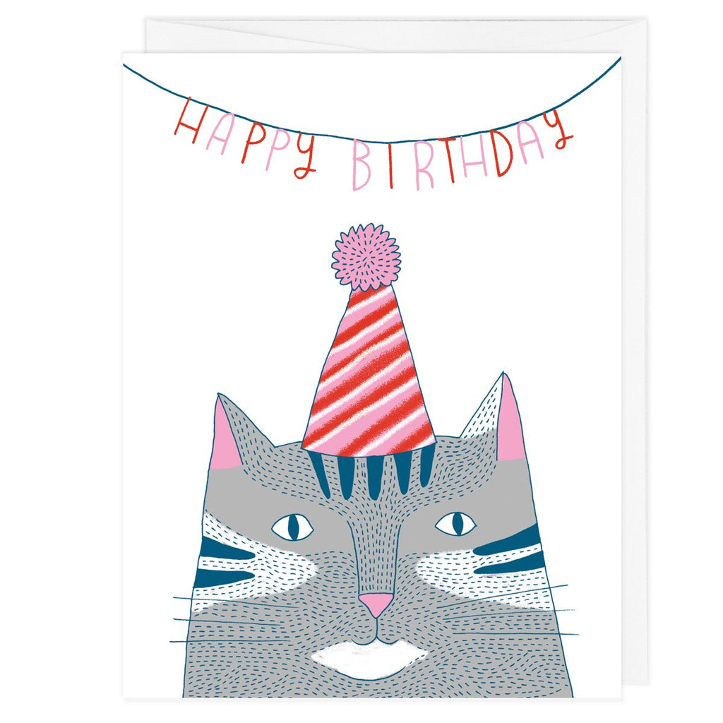 Birthday Hat Cat Grey A2 Card